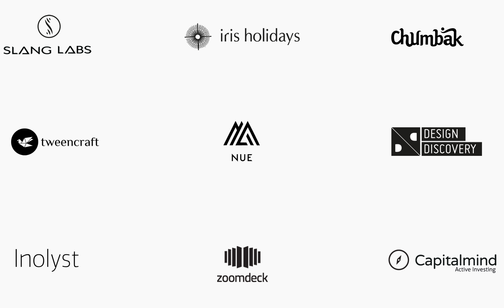 Logos of clients including Slang Labs, iris holidays, Chumbak, tweencraft, NUE, Design Discovery, Inolyst, zoomdeck and Capitalmind